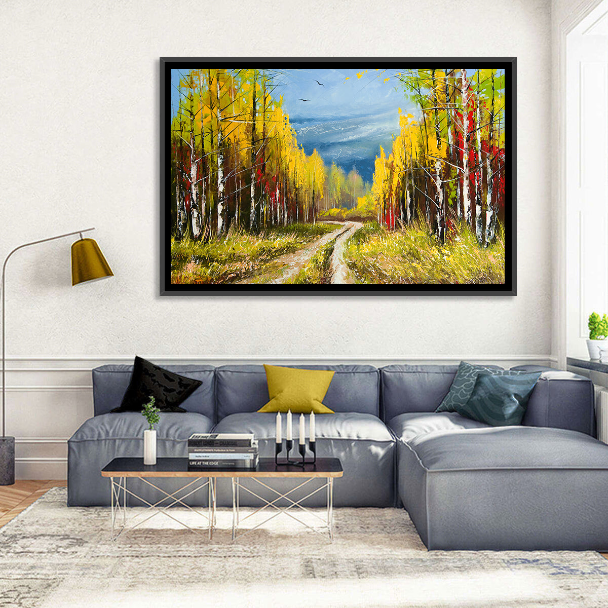 Autumn Birch Path with Two Birds Wall Art