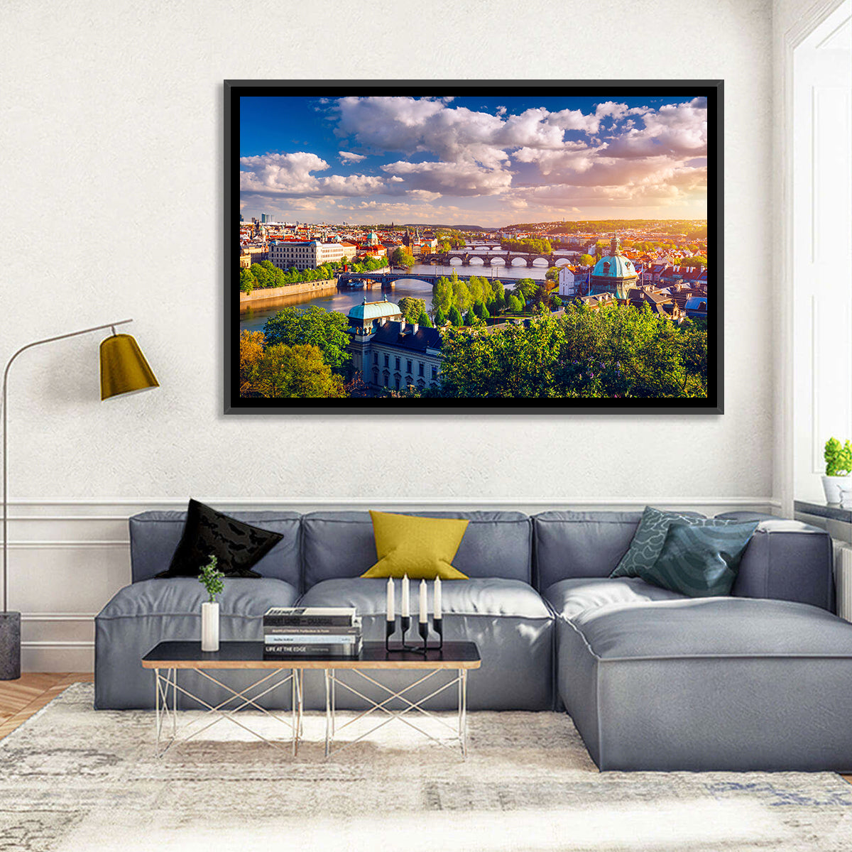 Prague Golden Hour Over Charles Bridge Wall Art in a room, landscape
