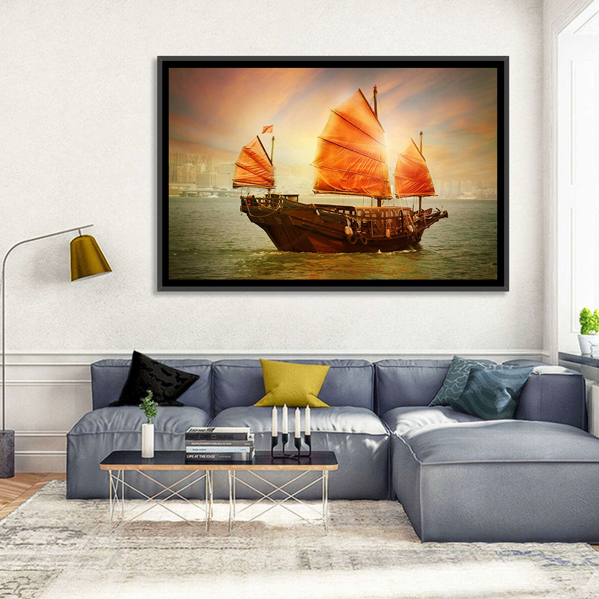 Red Sailed Junk at Victoria Harbour Wall Art