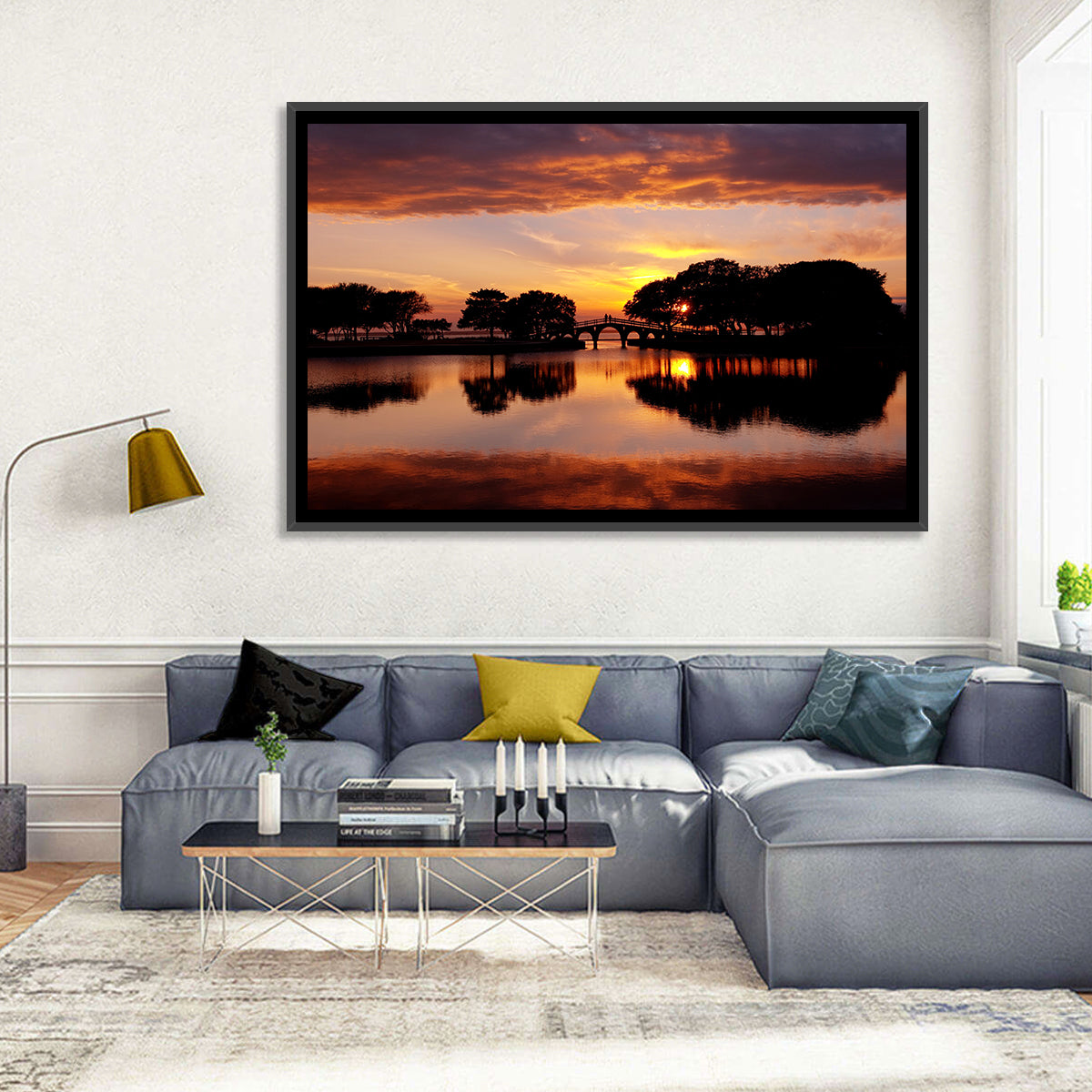 Tranquility Bridge at Sunset Wall Art in a room, landscape