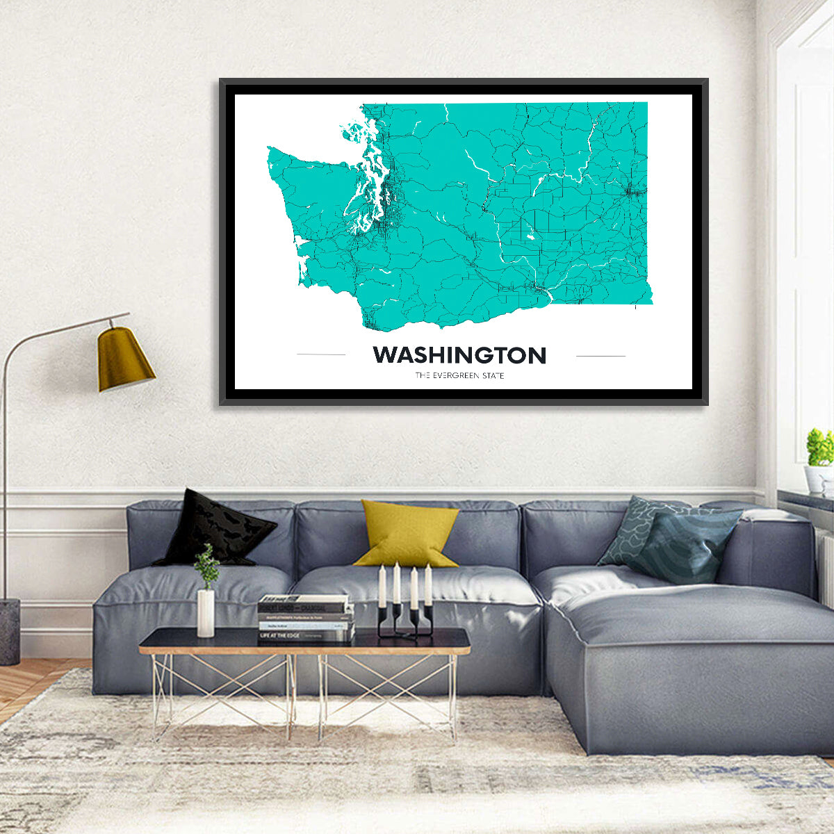 Washington State Minimalist Map Wall Art in a room, landscape