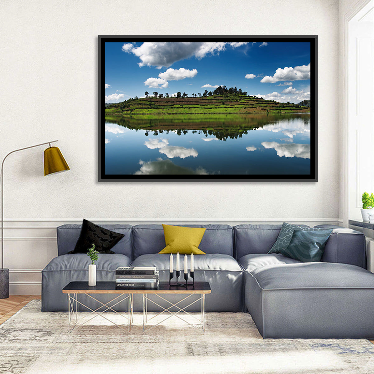 Bunyonyi Lake Reflection Wall Art in a room, landscape