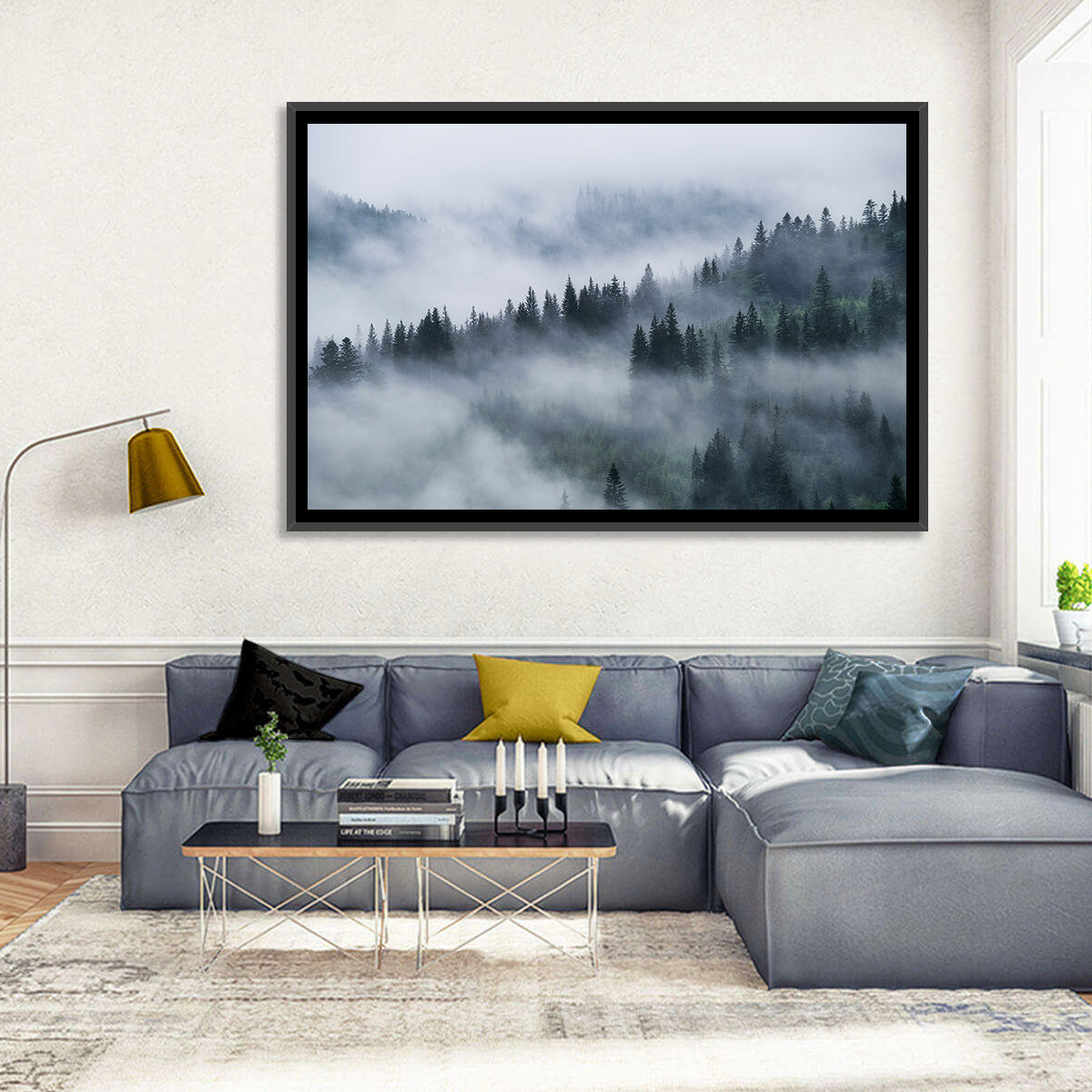 Misty Mountain Pine Forest Wall Art in a room, landscape