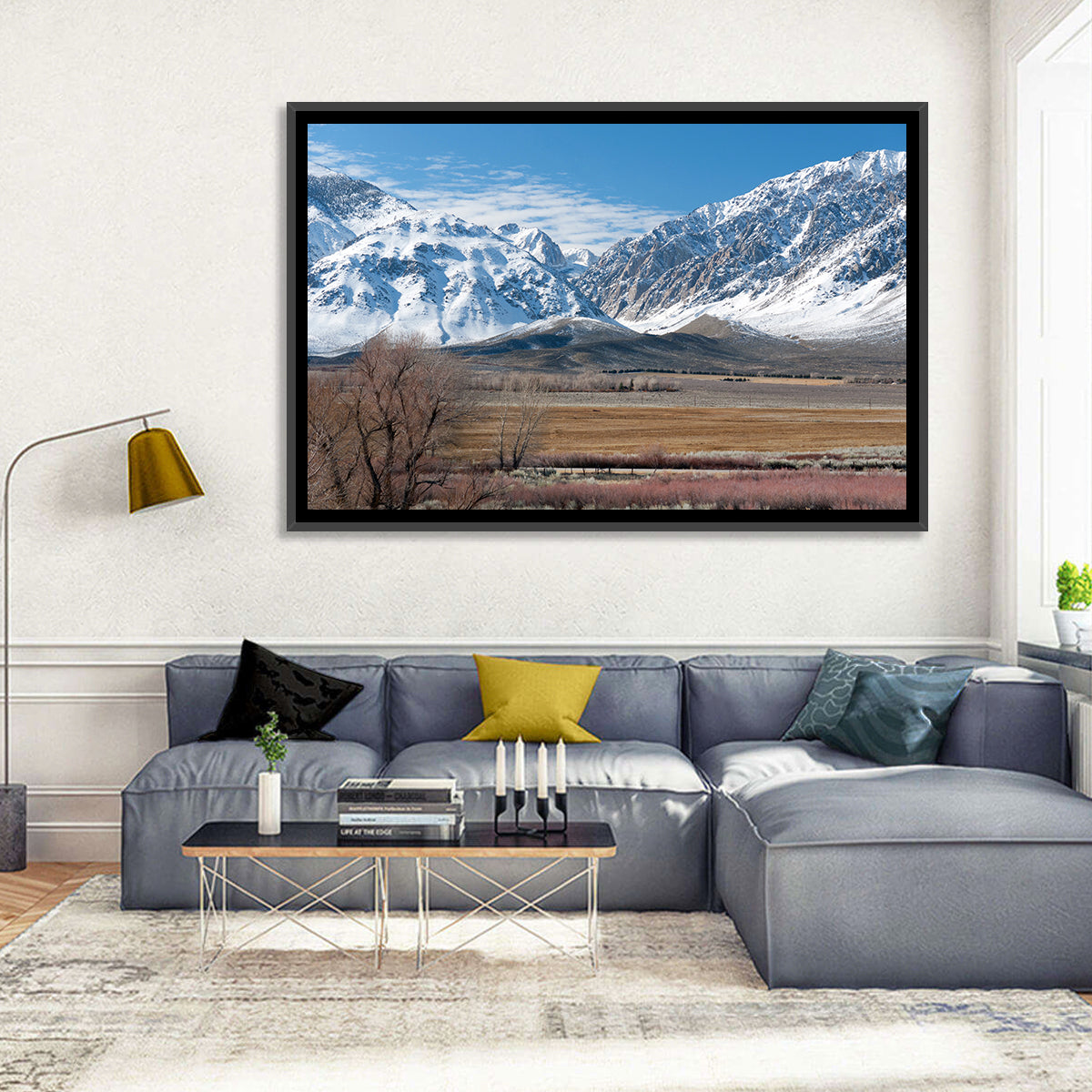 Eastern Sierra Winter Peaks Wall Art in a room, landscape