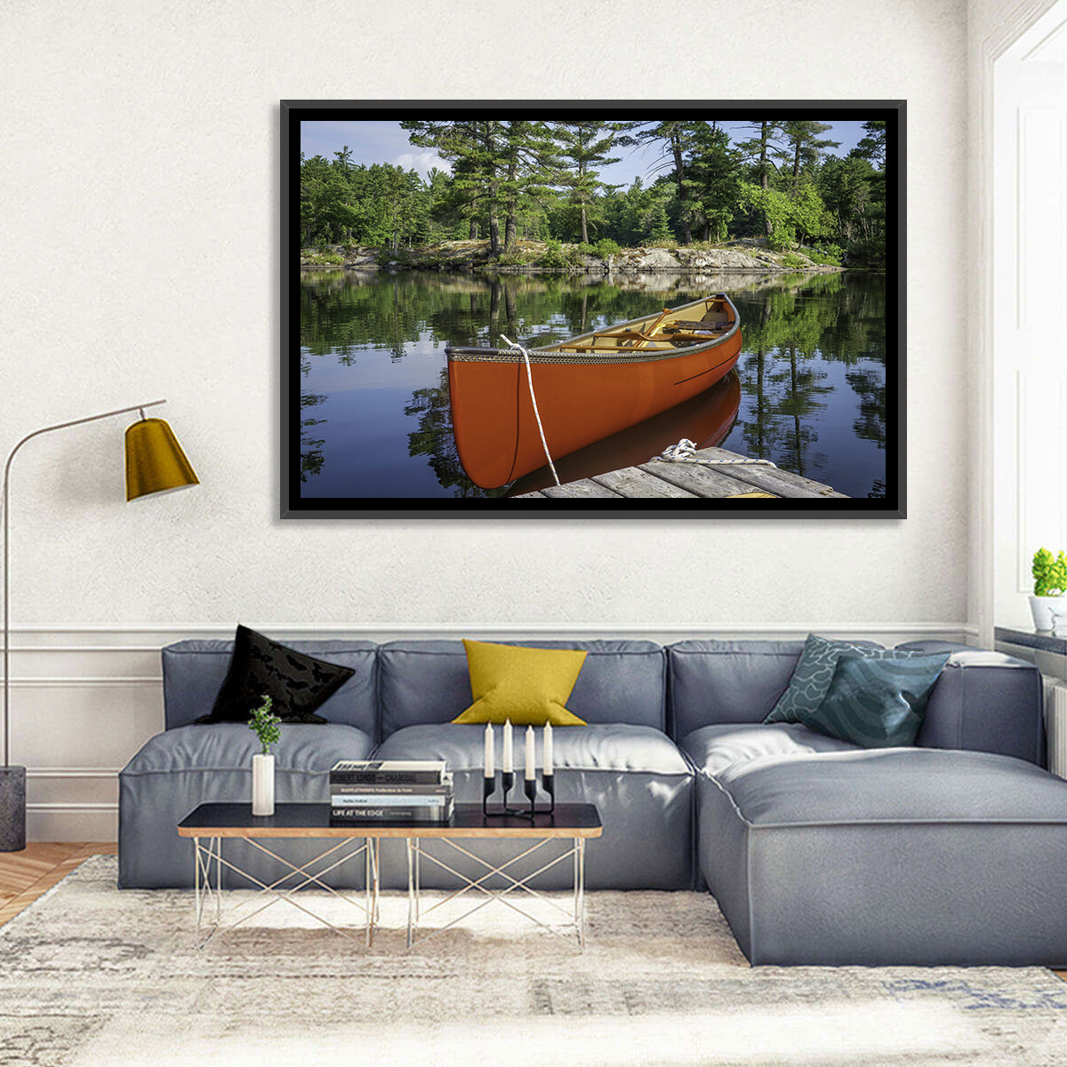 Orange Canoe on Ontario Lake Wall Art in a room, landscape