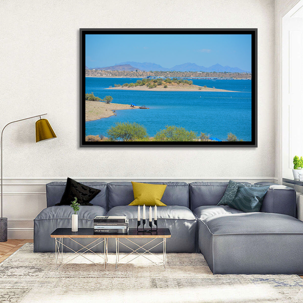 Lake Pleasant Shoreline with Boat Wall Art in a room, landscape
