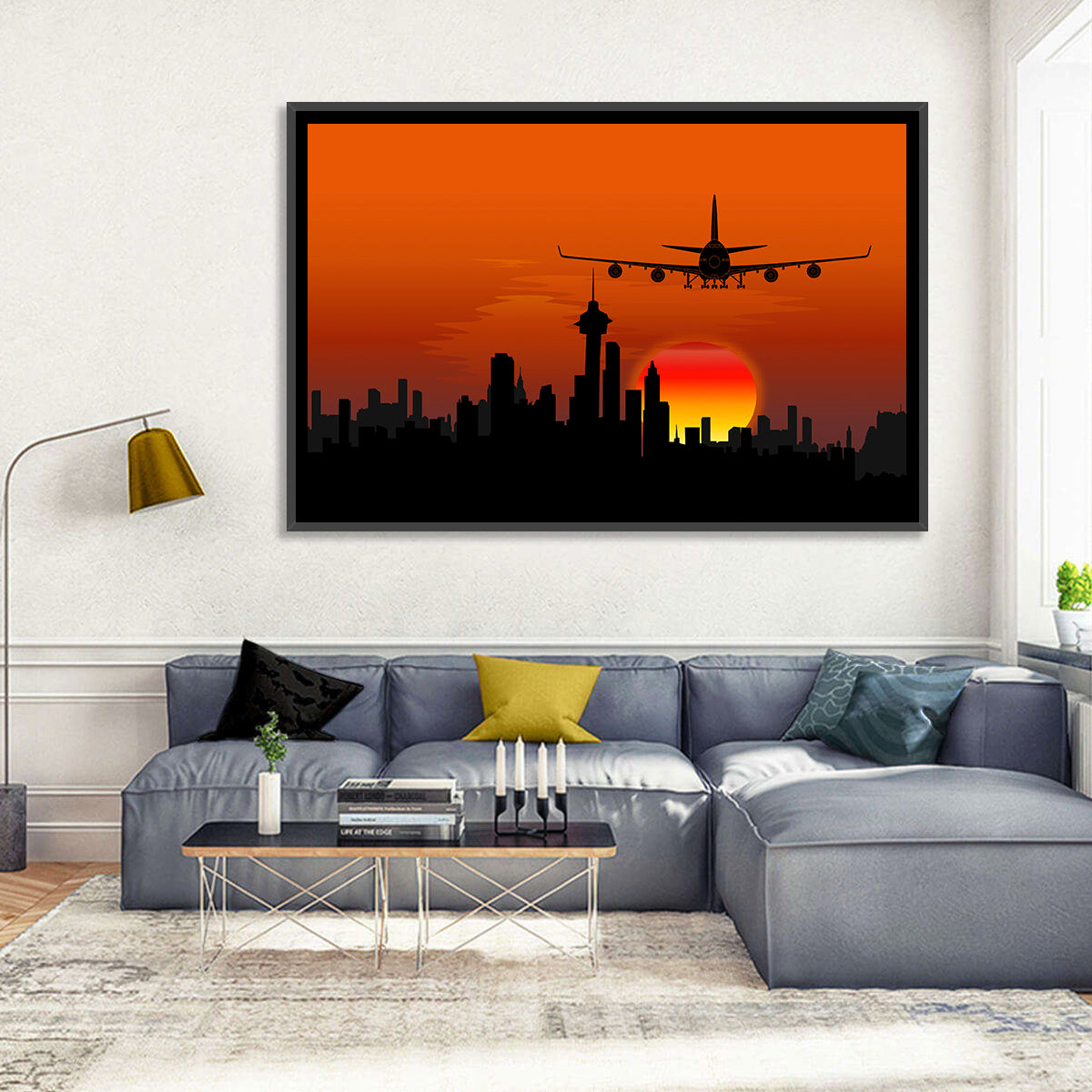 Approaching Jet Over Sunset Skyline Wall Art in a room, landscape