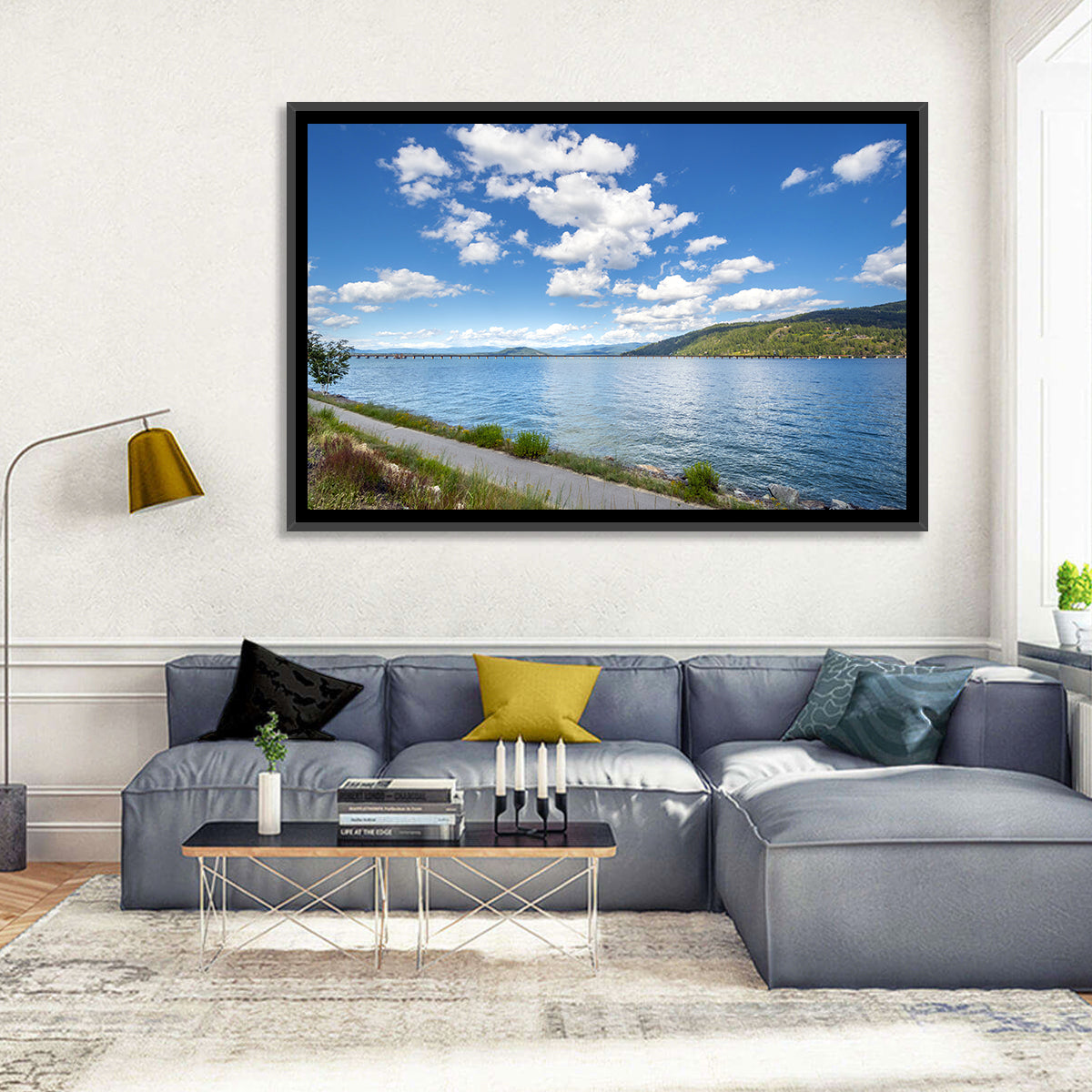 Lake Pend Oreille Bridge View Wall Art in a room, landscape