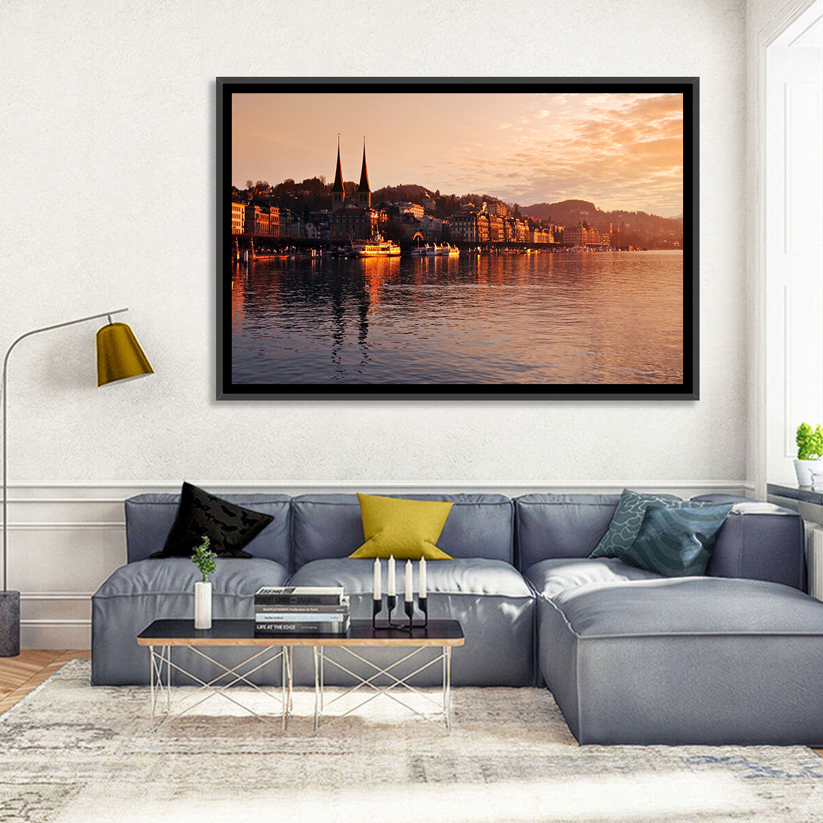 Lucerne Lake Sunset Skyline Wall Art in a room, landscape