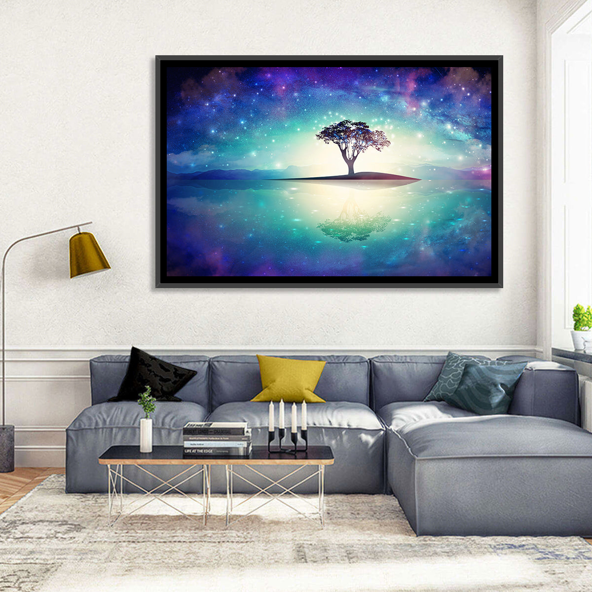 Glowing Island Tree Under Starry Nebula Wall Art in a room, landscape