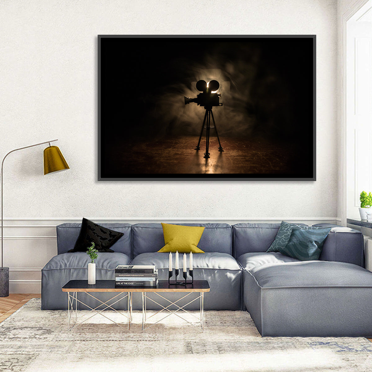 Backlit Vintage Movie Camera Wall Art in a room, landscape