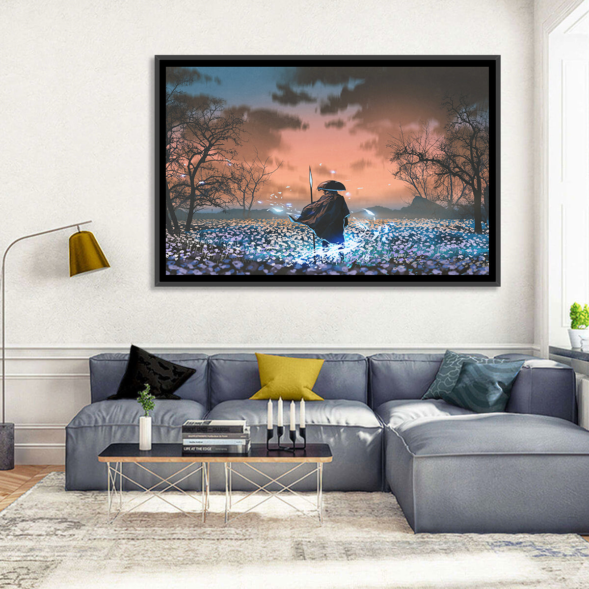 Straw Hat Samurai at Dusk Wall Art in a room, landscape
