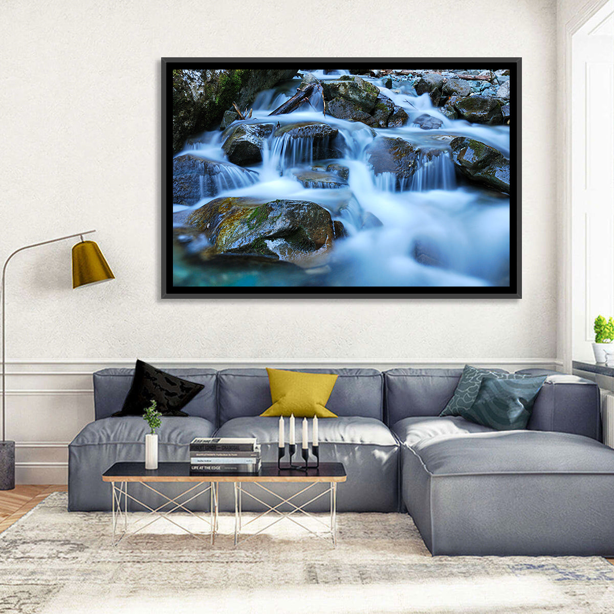 Mossy Rock Stream with Silky Waterfall Wall Art in a room, landscape