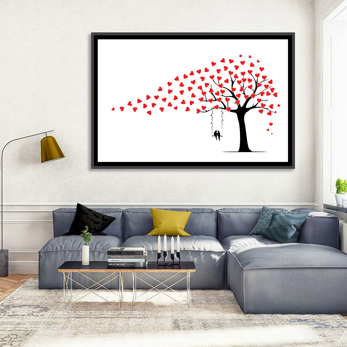Heart Leaf Tree Silhouette Wall Art in a room, landscape