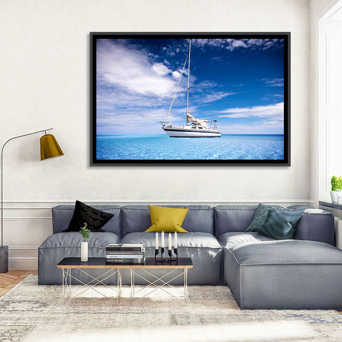Furled Sails Over Turquoise Water Wall Art in a room, landscape