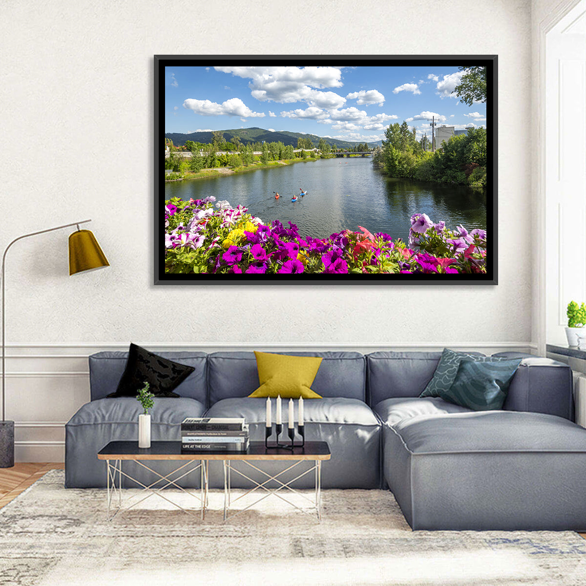 Sand Creek River with Petunias Wall Art in a room, landscape
