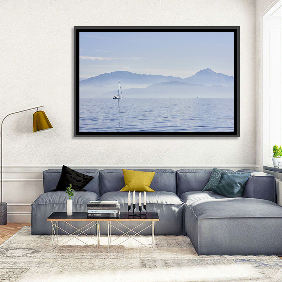 Sailboat and Misty Mountains Wall Art in a room, landscape