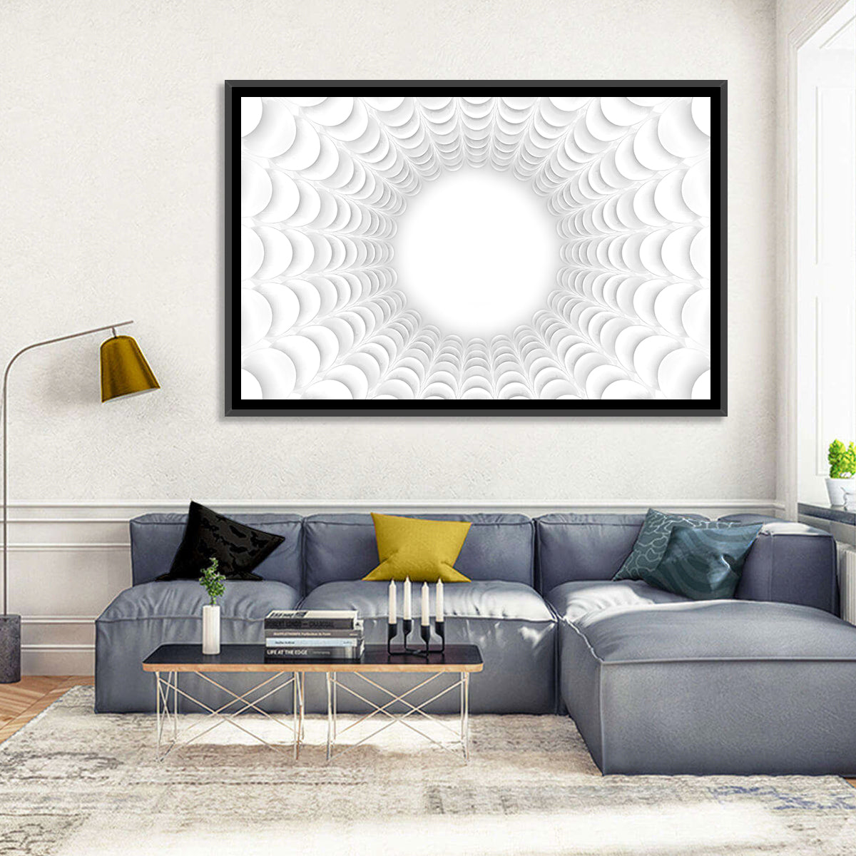 White Bubble Sphere Tunnel Wall Art in a room, landscape