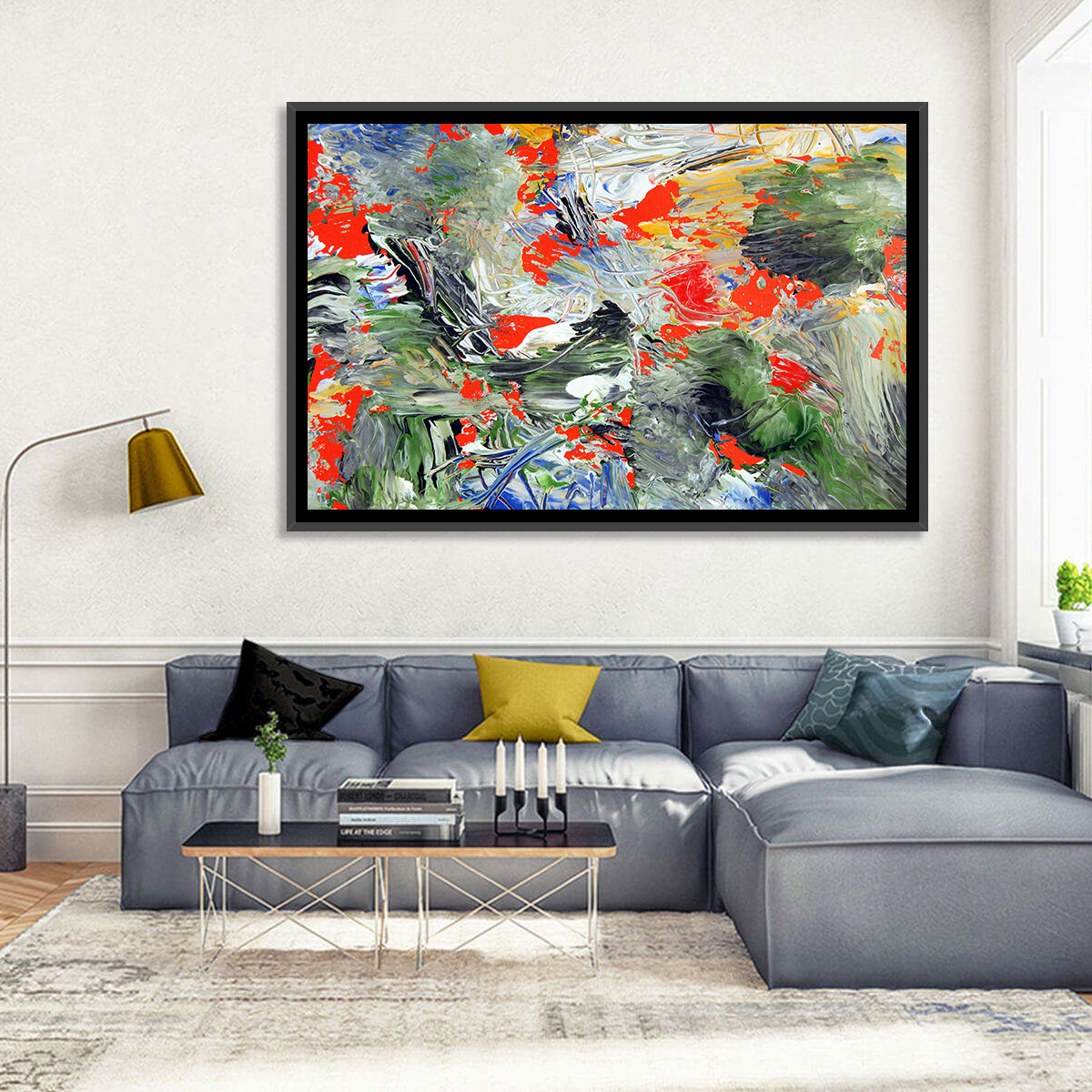 Melting Green Impasto Abstract Wall Art in a room, landscape