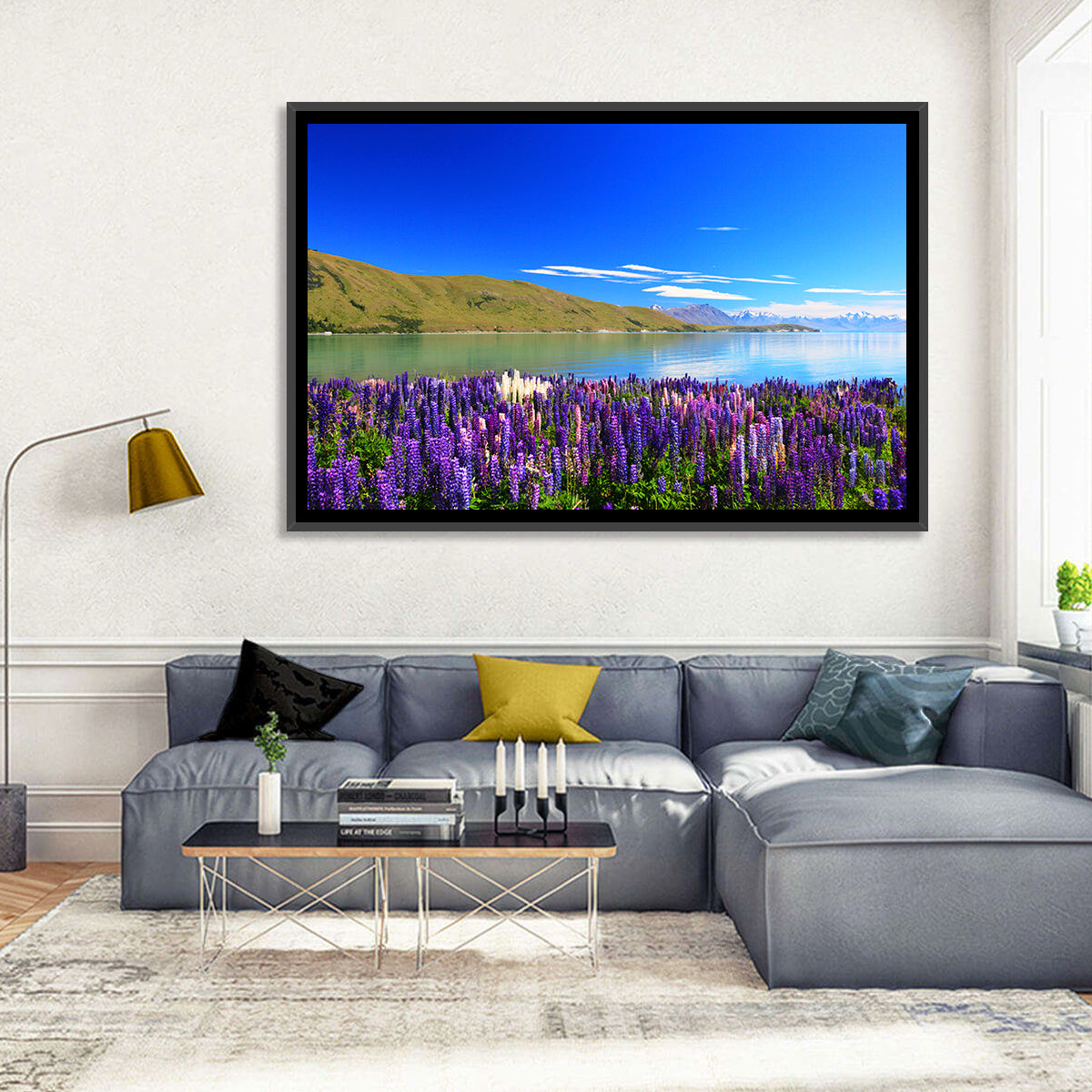 Lake Tekapo Lupine Fields Wall Art in a room, landscape