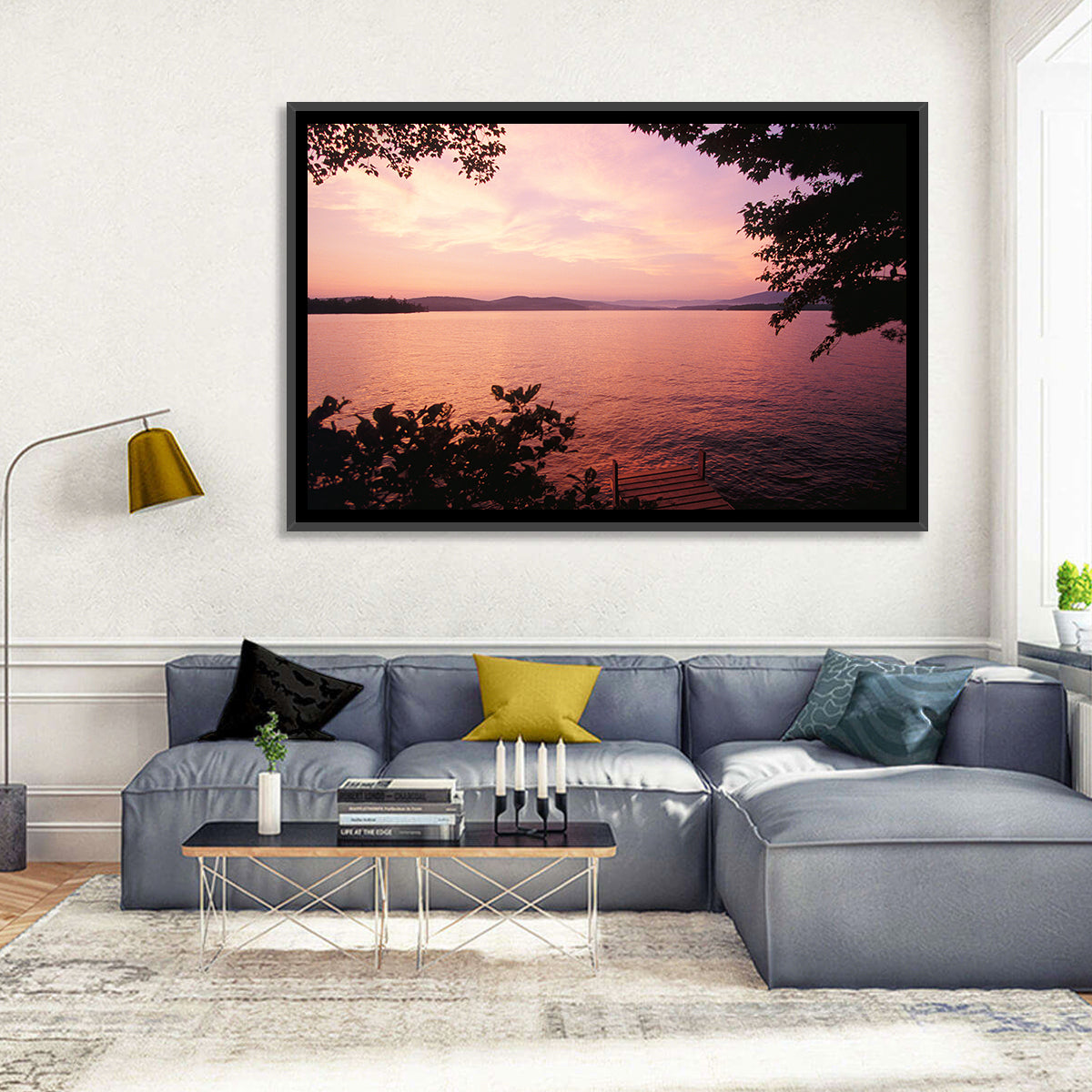 Lake Winnipesaukee Sunset Wall Art in a room, landscape