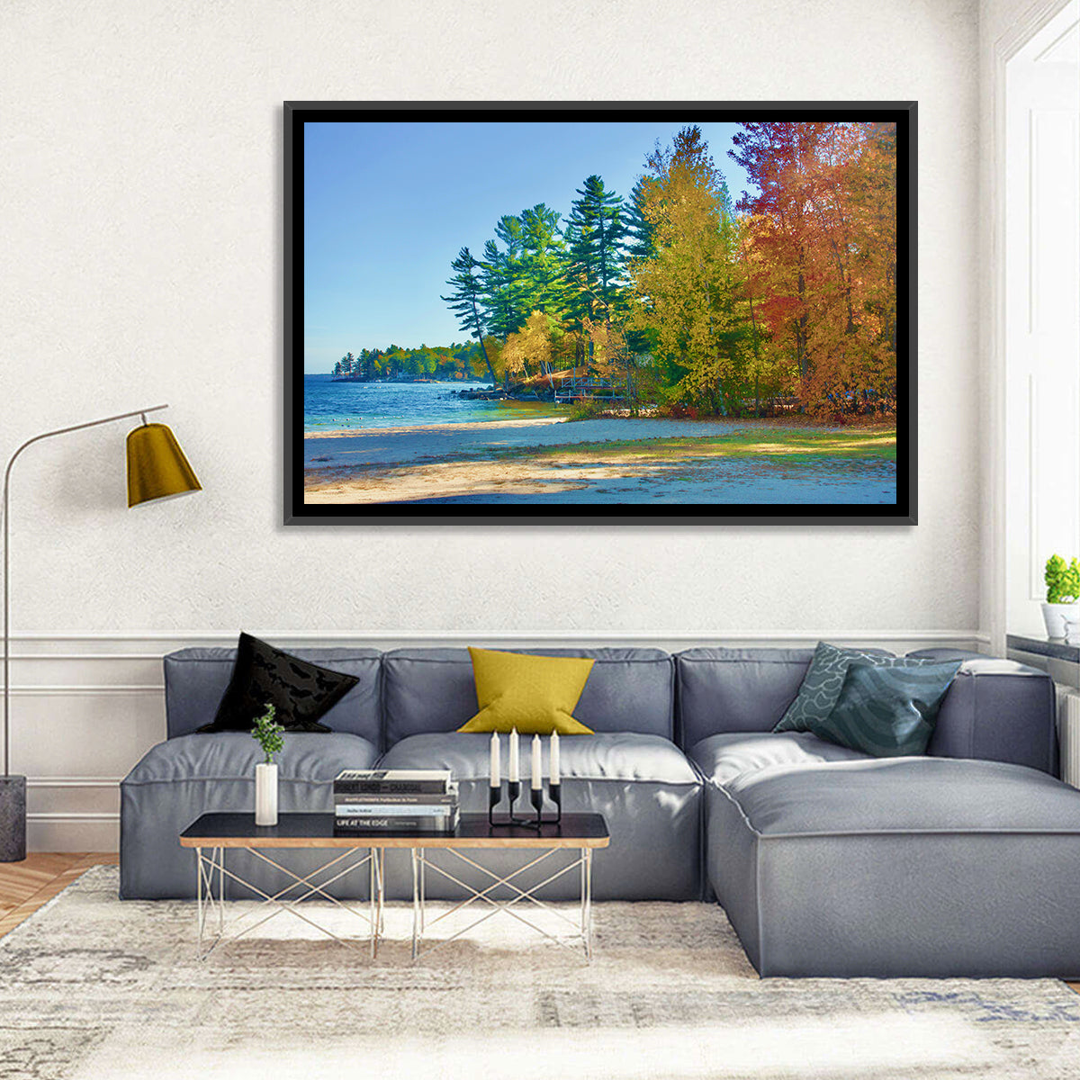 Sebago Lake Pier in Autumn Wall Art in a room, landscape