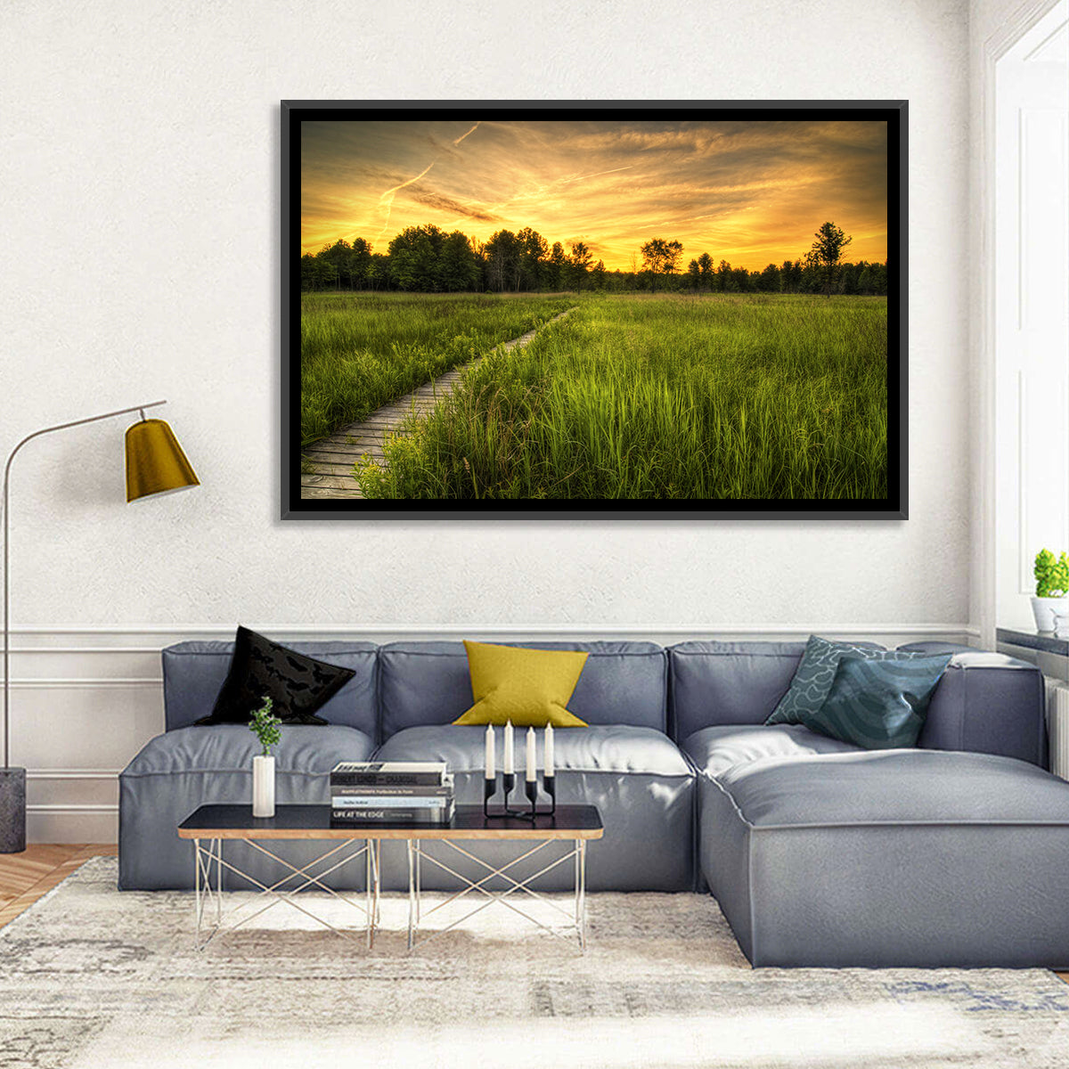 Irwin Prairie Boardwalk Sunset Wall Art in a room, landscape