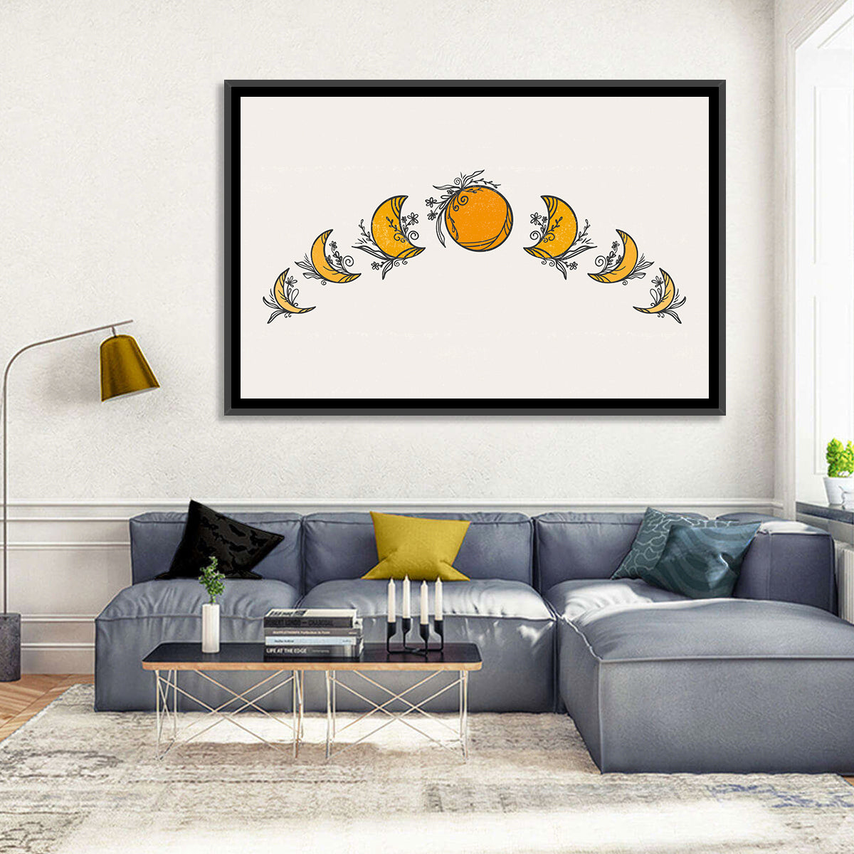 Lunar Phases Floral Arc Wall Art in a room, landscape