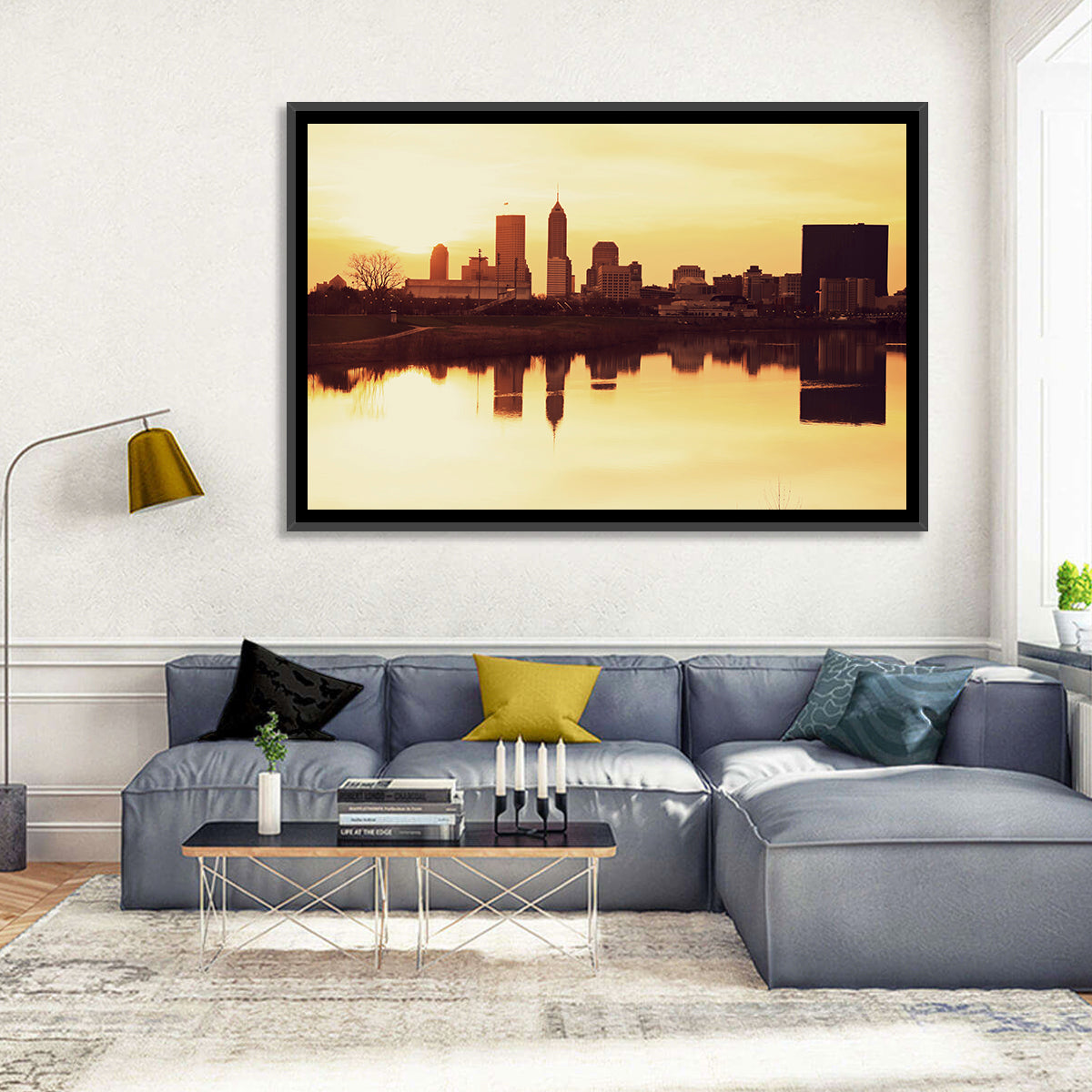 Indianapolis Golden Hour Skyline Wall Art in a room, landscape