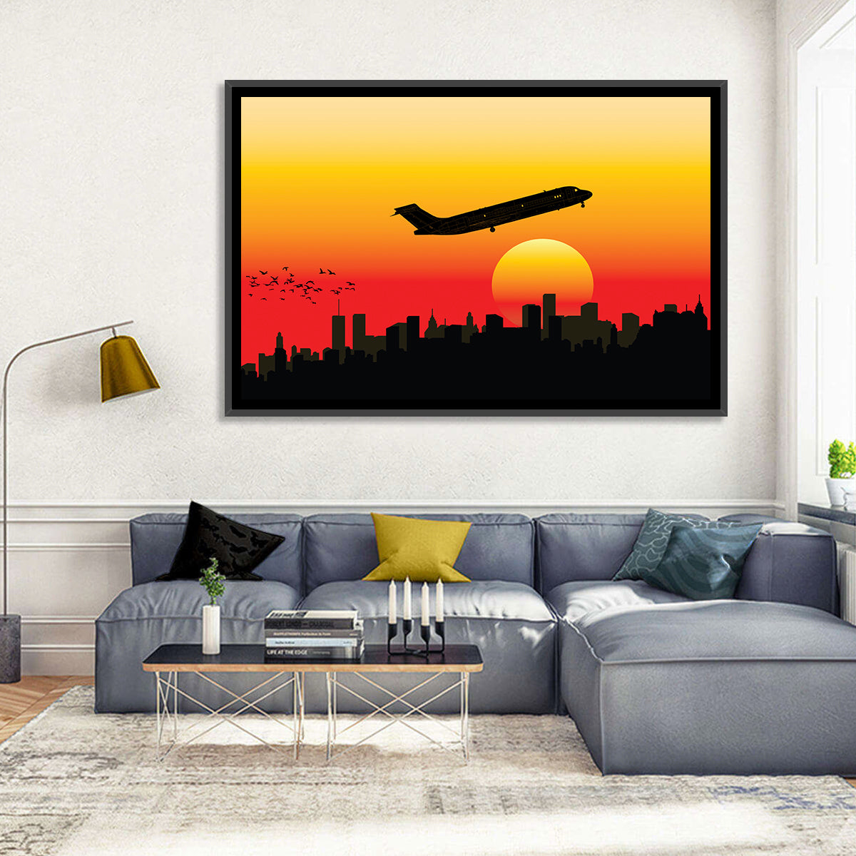 Airplane Over Sunset Skyline Wall Art
