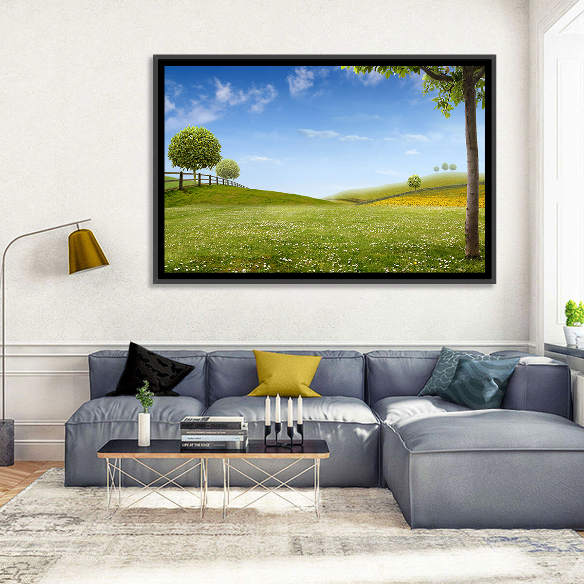 Green Sunflower Fields Wall Art in a room, landscape
