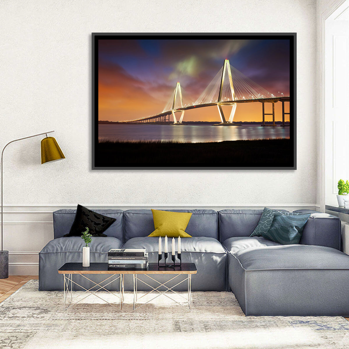 Arthur Ravenel Jr. Bridge at Dusk Wall Art in a room, landscape