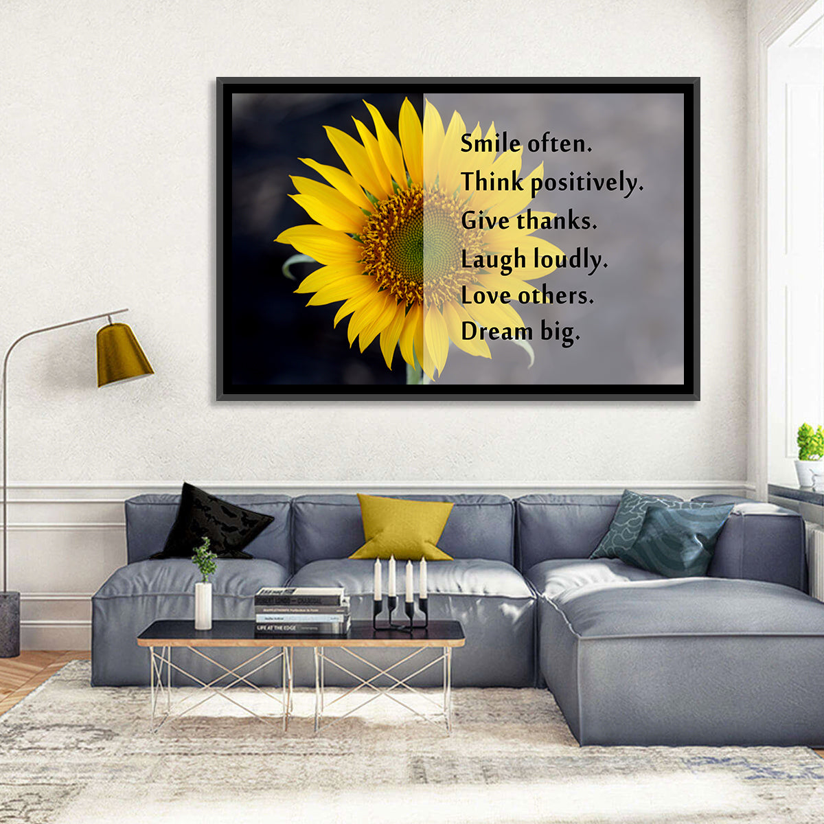 Sunflower Smile Typography Wall Art in a room, landscape