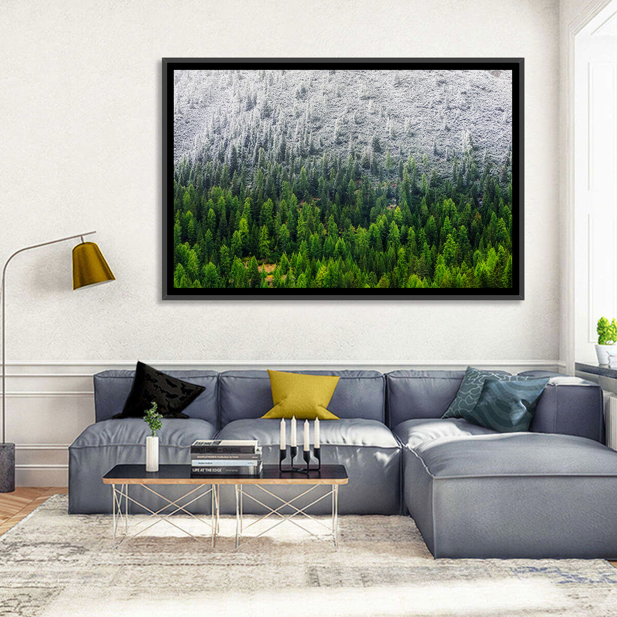 Snowy Dolomites Forest Wall Art in a room, landscape