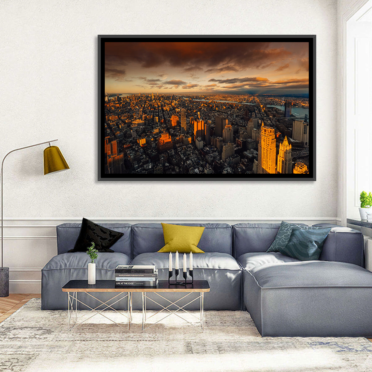 South Manhattan Sunset Skyline Wall Art in a room, landscape