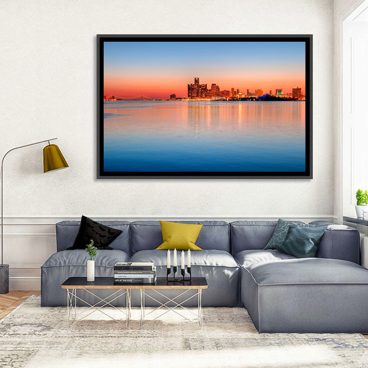 Detroit Golden Hour Skyline Wall Art in a room, landscape