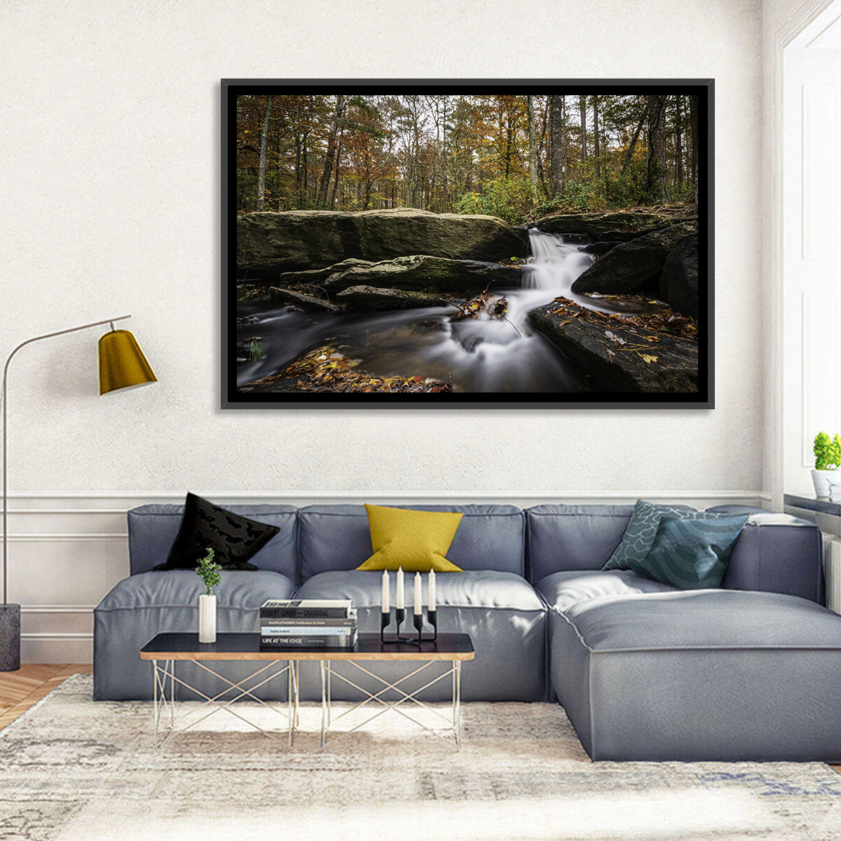 Cheaha Falls Autumn Waterfall Wall Art in a room, landscape
