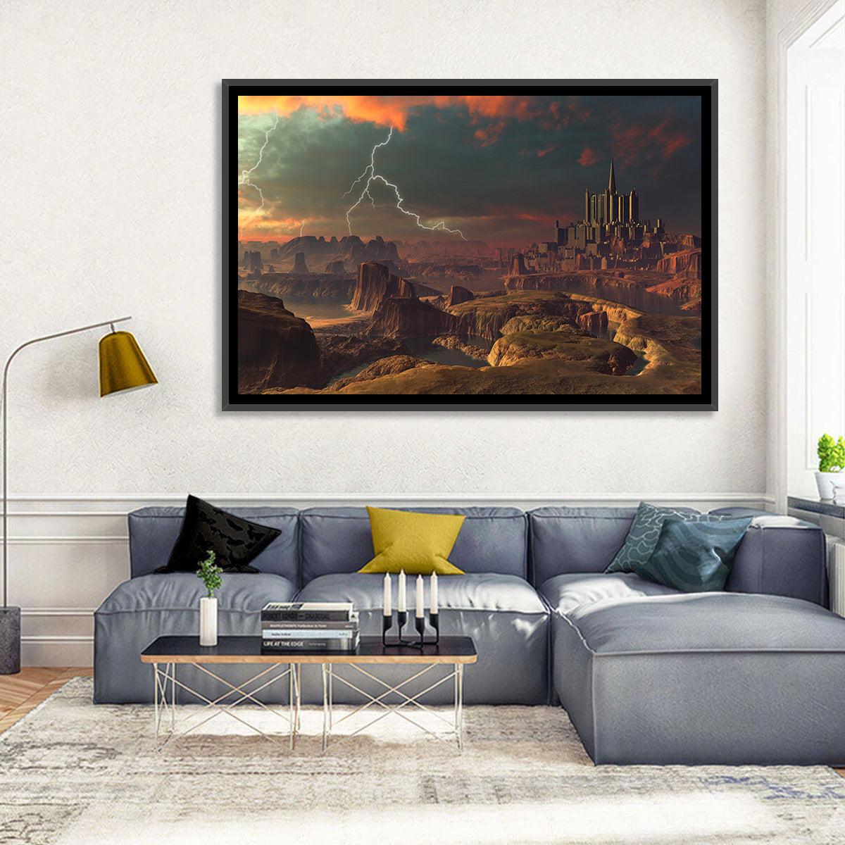 Dusk Storm Over Alien Fortress Wall Art in a room, landscape