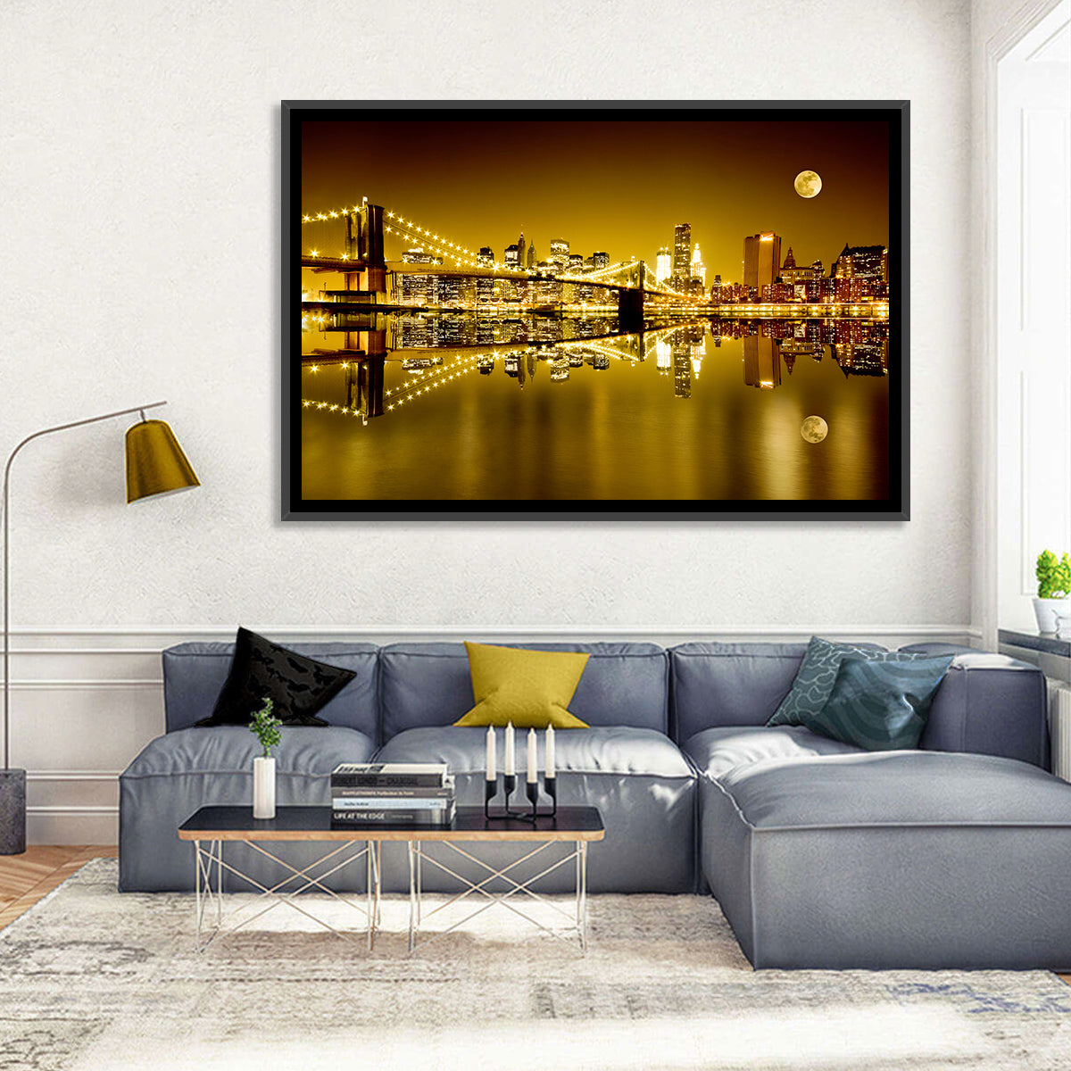 Brooklyn Bridge Moonlit Reflection Wall Art in a room, landscape