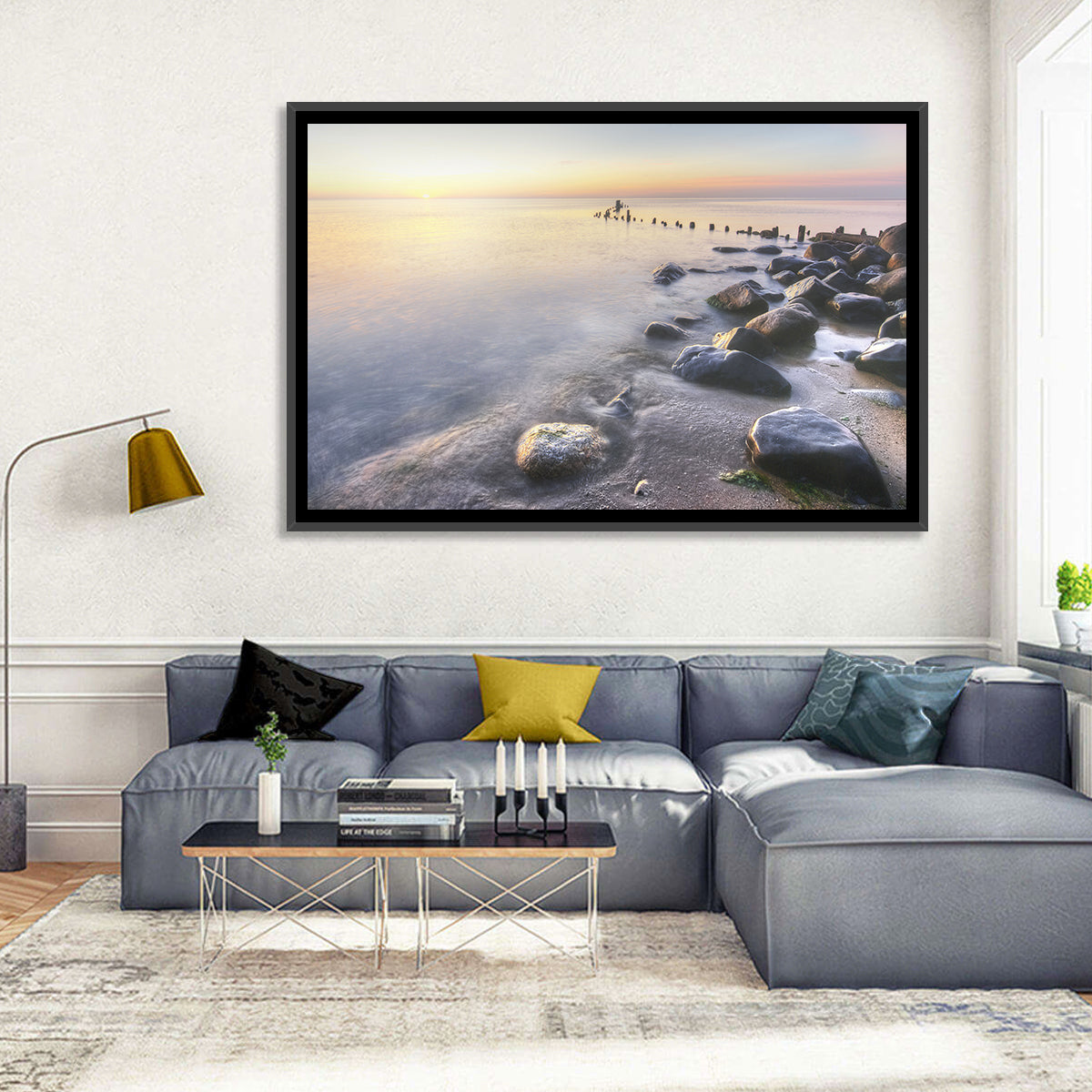 Michigan Shoreline Pilings Wall Art in a room, landscape