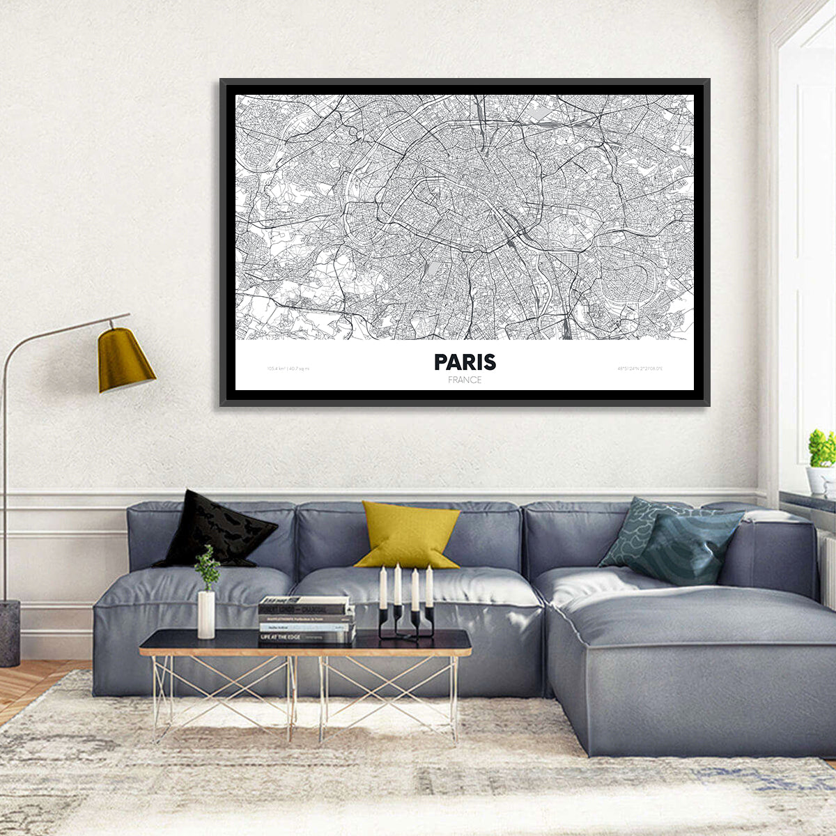 Paris Aerial Map Wall Art in a room, landscape