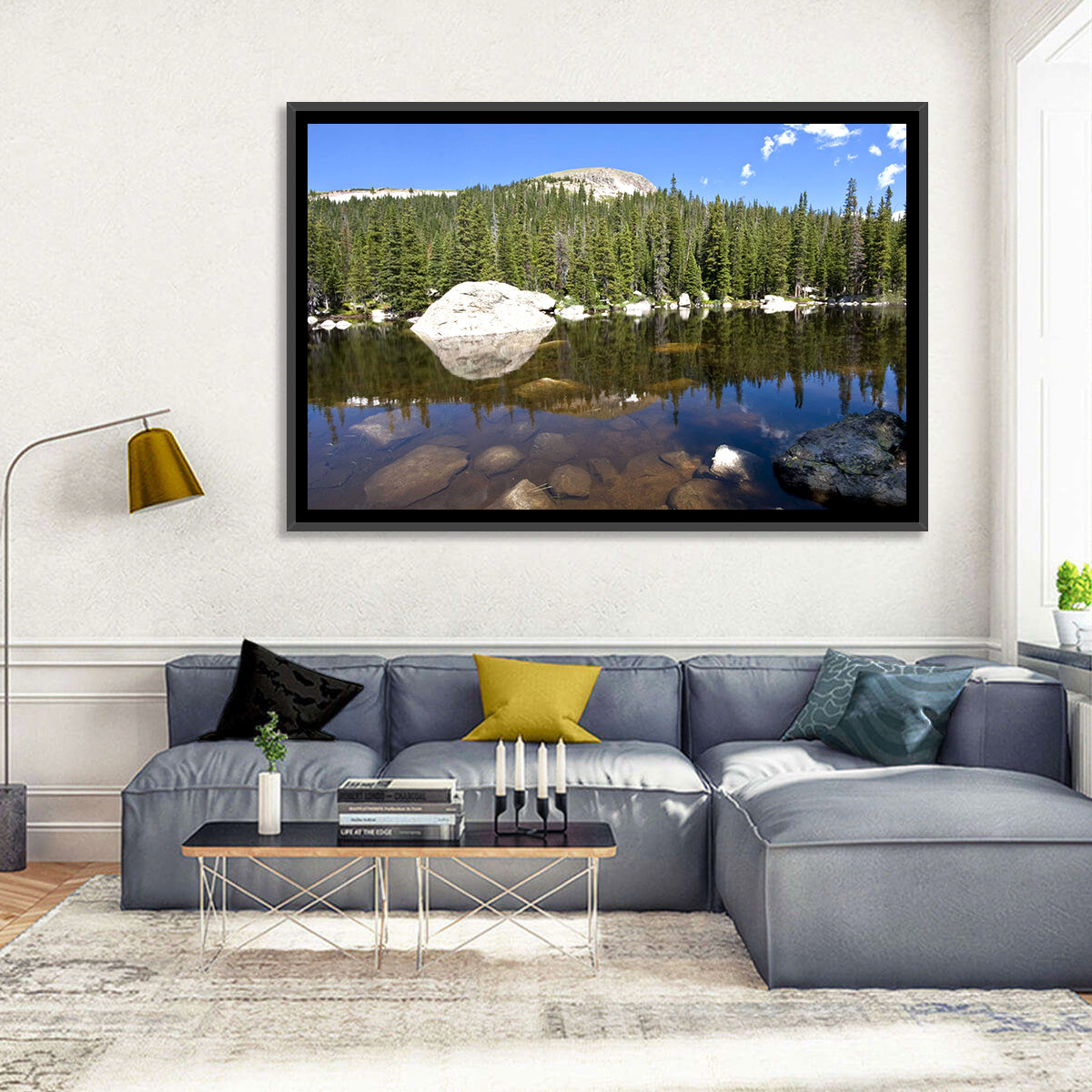 Colorado Forest Lake Reflection Wall Art in a room, landscape