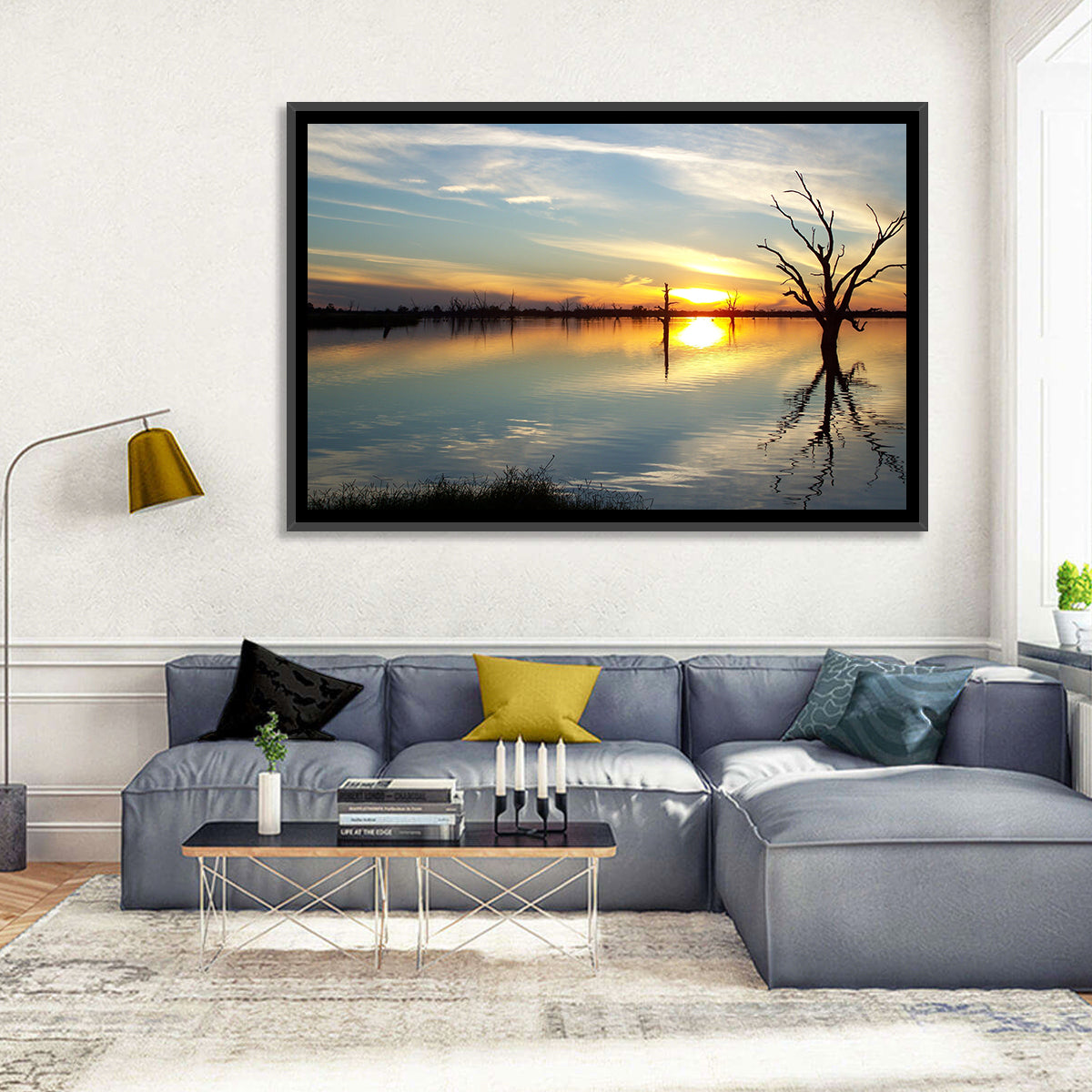 Murray River Sunset Reflection Wall Art in a room, landscape