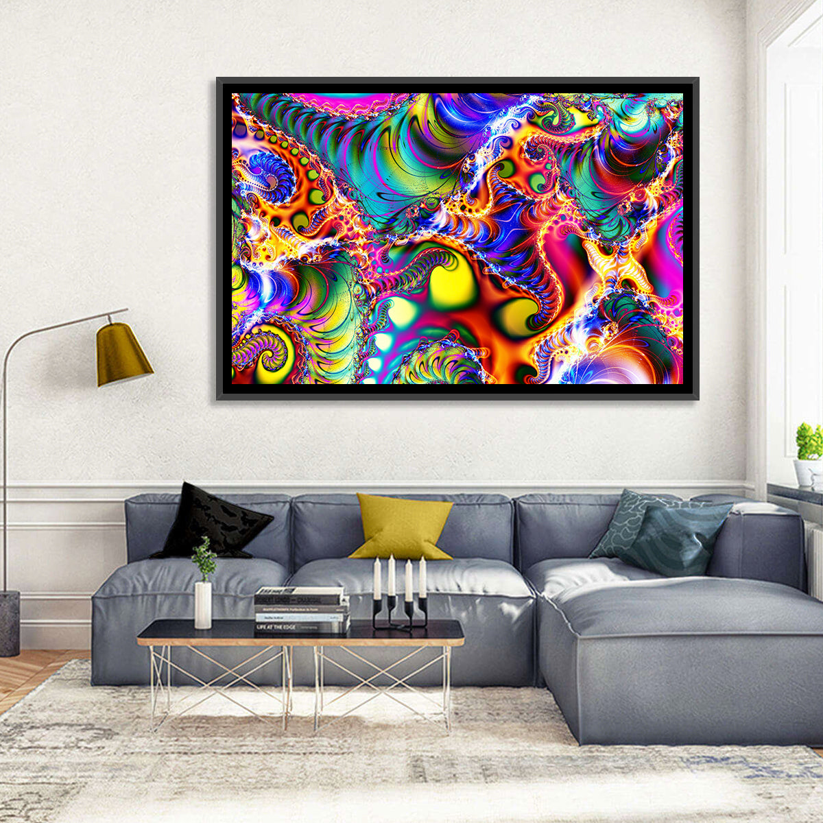 Chromatic Fractal Swirls Wall Art in a room, landscape