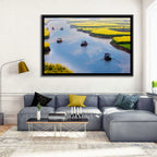 Spring River Rowboats in Rapeseed Fields Wall Art