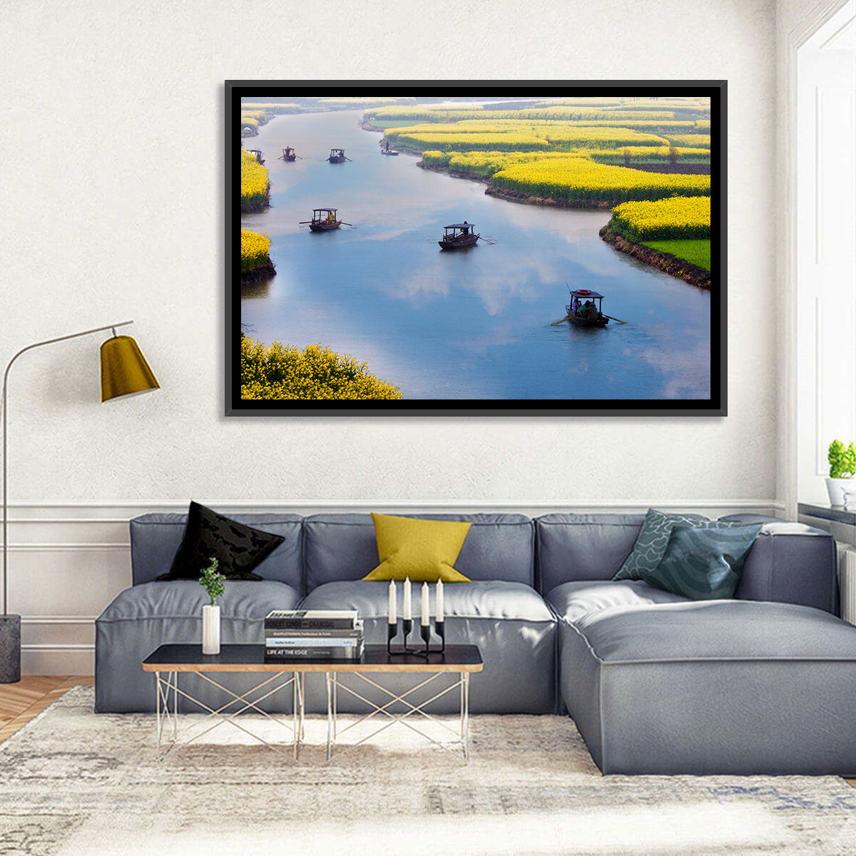 Spring River Rowboats in Rapeseed Fields Wall Art