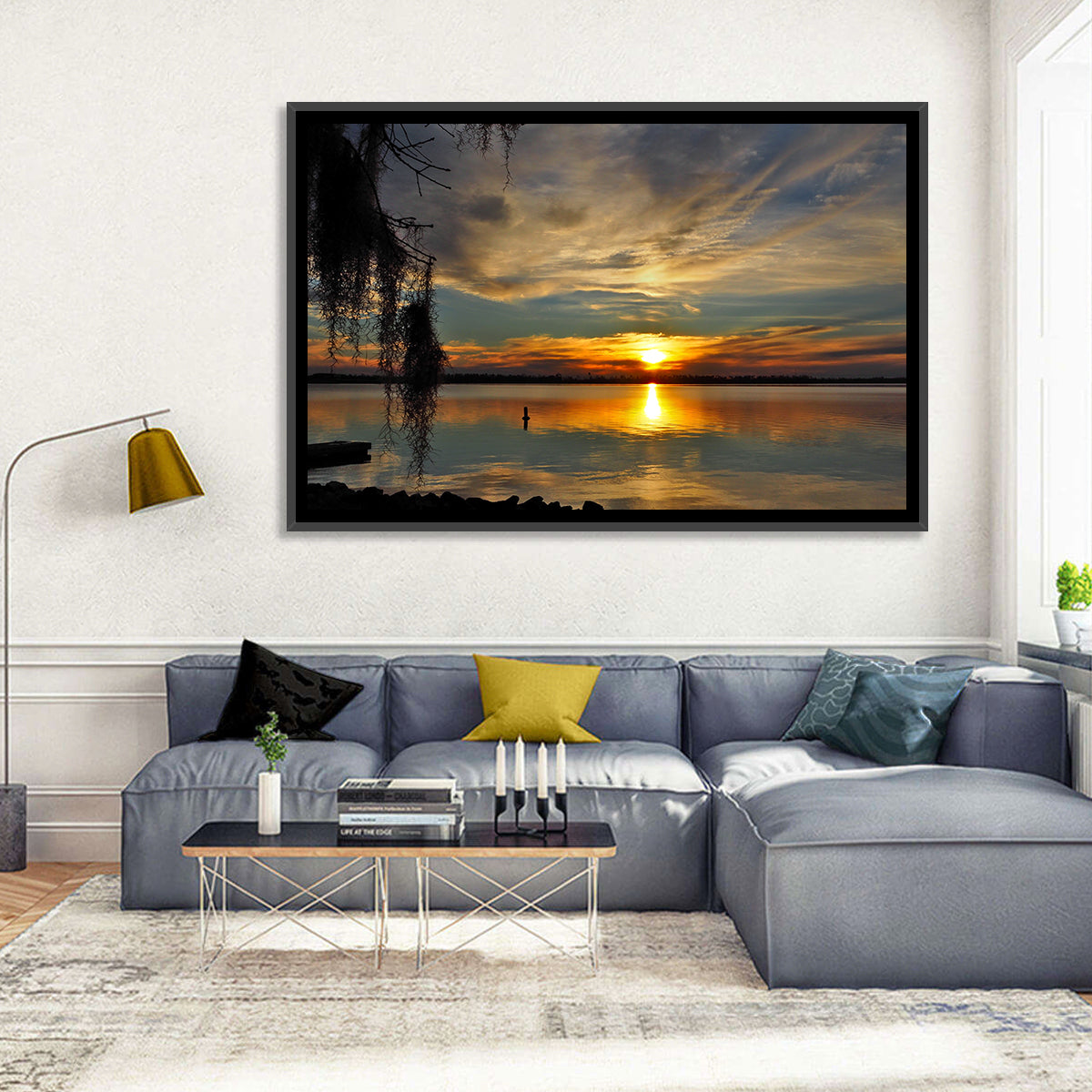Lake Seminole Sunset Reflection Wall Art in a room, landscape