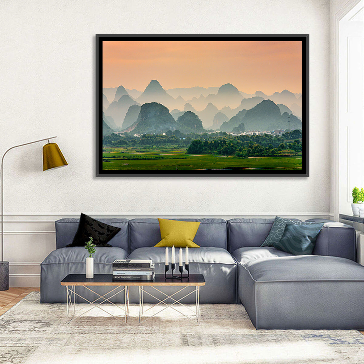 Misty Karst Mountains Wall Art in a room, landscape