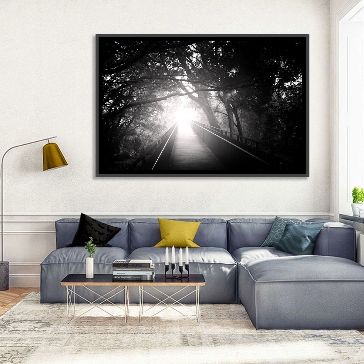 Foggy Forest Bridge Wall Art in a room, landscape