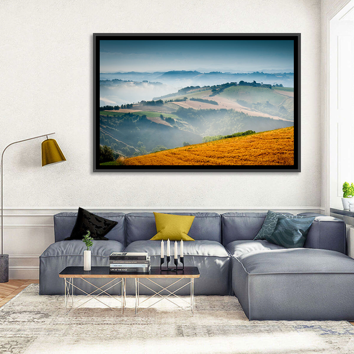 Morning Mist Over Tuscany Wall Art in a room, landscape